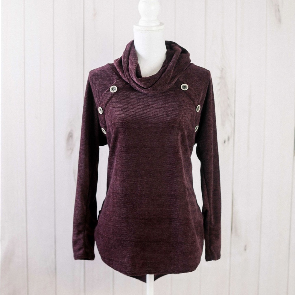 Callie- burgundy cowl sweater top with buttons - Picture 2 of 8